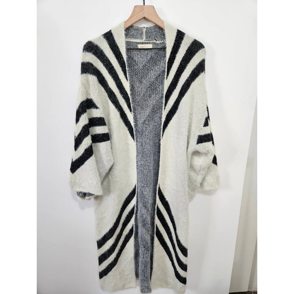 Sleeping on Snow Anthropologie Striped Eyelash Knit Duster‎ Cardigan Black White